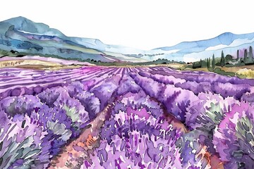 Wall Mural - Watercolor painting of vibrant lavender fields with mountain backdrop, ideal for backgrounds or creative concepts related to nature, aromatherapy, or rural landscapes