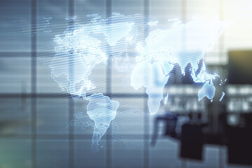 Wall Mural - multi exposure of abstract creative digital world map hologram on a modern meeting room background, 