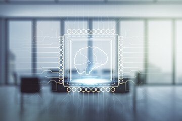 Wall Mural - Double exposure of creative human brain microcircuit hologram on a modern boardroom background. Future technology and AI concept