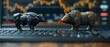 Financial and business candle stock graph chart, Bull vs bear concept, macro shot of a detailed bull and bear figurine standing on a reflective surface with a sharp