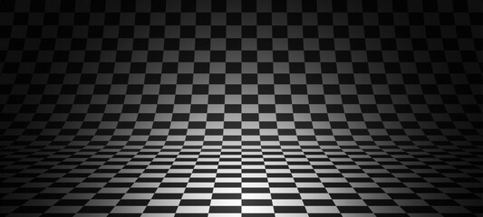 Poster - Chess Floor in Perspective with Checkerboard Texture. Empty Chess Board. Black and White Squares Mosaic Studio Background. Vector illustration.