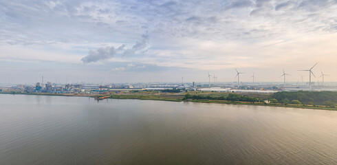 Sticker - Antwerp, Belgium. Panorama of the city. River Scheldt (Escout). Summer morning. Industrial area. Aerial view