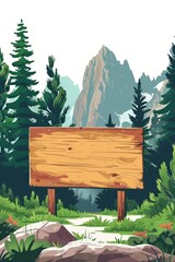 Canvas Print - Illustration of a blank wooden signboard in a serene mountain forest landscape, with ample copyspace for text, suitable for nature-related advertising and eco-friendly messages