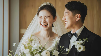 Happy asian couple getting married. Beautiful wedding at asia. Smiling bride and groom portrait. Photo after ceremony. Laughing joyful newlywed. People celebrate their love. Fun young adult lovers.