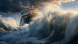 a ship facing a giant wave in the middle of the sea