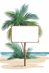 Sticker - Tropical beach scene with an empty wooden signboard, palm leaves, soft sand, and space for text, ideal for vacation-themed designs and advertisements