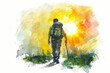 Abstract watercolor painting of a solitary hiker with a backpack, depicting adventure and travel, with ample space for text, ideal for wilderness and exploration themes