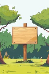 Canvas Print - Illustration of a blank wooden signboard in a lush green forest, ideal for custom text and outdoor-themed designs, with copy space