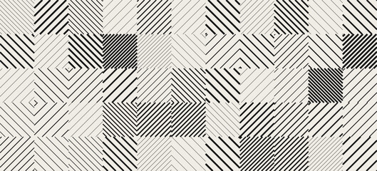 Fototapete - Geometric Lines Square Tiles Seamless Pattern. Vintage Game Background. Vector Illustration. Lines Halftone Effect Random Mosaic Generative Art.