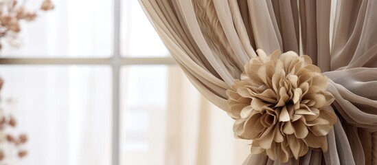 Poster - A closeup of a curtain hanging from a window with a beautiful flower attached to it, showcasing the delicate petals and vibrant colors of the flowering plant