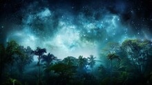 Rain Forest At Night Time. Night Time In A Rain Forest With Beautiful Milyway Like Nebula In The Sky. Beautiful Jungle And Tree Canopy.
