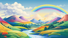 Simple Rolling Hills Landscape In Rainbow Colors With A River Flowing In Between, Flat Illustration.