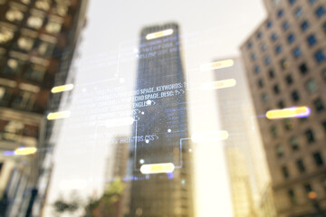 Wall Mural - abstract virtual coding illustration on modern architecture background, software development concept