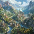 Design a captivating panoramic view of a magical landscape showcasing multiple wizard academies nestled among mystical forests and serene lakes Include unique architecture, flying spellbooks, and stud