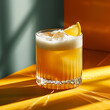 Classic Whiskey Sour cocktail in saturated colors, geometric shapes, bold colors, and a playful juxtaposition of elements.