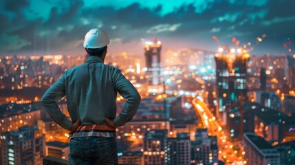 Poster - Man looks over city skyline.