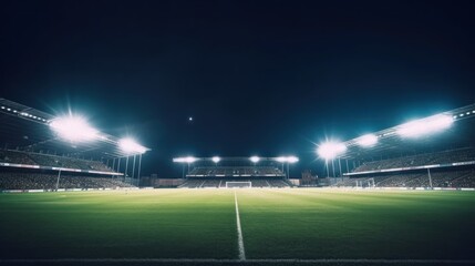 soccer stadium with illumination, green grass and night sky.