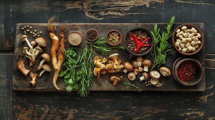 Wall Mural - Top view of fresh raw vegetables, spices, and food. Vegetables, fruits, nuts and berries, vitamins on an old wooden table. Top view. Free space for text.