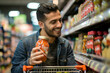 A handsome man in a grocery store, picking up a jar of salsa from a shopping cart. The blurred shelves in the background create a sense of depth