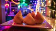 Dance party dazzling with lights, serving Coxinha, Manti, and Gyro, each dish a vision of global flavors, a culinary dance of tastes no splash