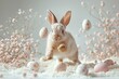 Image portrays a serene scene of a bunny surrounded by floating decorated eggs and blossoming flowers, evoking the peaceful and rejuvenating spirit of spring.