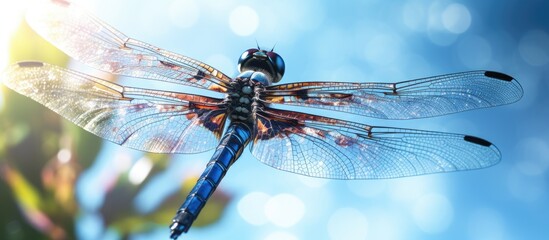 Poster - a dragonfly is sitting on a plant in the sunlight . High quality