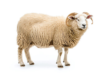 Portrait full body shot of male sheep or ram standing in front of white background. eid adha sacrificed animal in muslim belief.