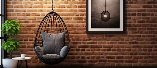 Sticker - The living room features a brick wall, wooden flooring, and a hanging chair. A picture frame hangs on the brickwork next to the door