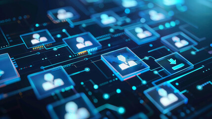 An animated flowchart depicting digital human resource strategies with avatars representing team roles and tasks all displayed on a modern interactive touchscreen