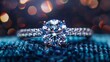 A close-up of a radiant diamond ring displaying its brilliance on a textured velvety blue background with light bokeh.
