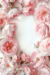 Wall Mural - A close up of pink flowers frame with a white background. The flowers are arranged in a circle, with some overlapping and others standing alone. Scene is one of beauty and elegance