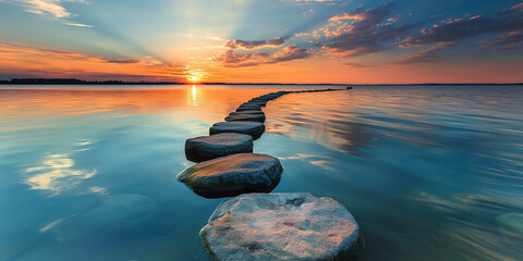 Wall Mural - At the stone terrace, beautiful sunset with nature photography in the blue sky background. Holiday attractions