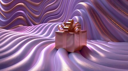 Wall Mural -  a pink gift box with a bow on top of a purple satin cloth with a wave pattern in the background.