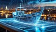 Futuristic holographic outline model of a ship. Cold tone wireframe of a boat. Polygonal model. Modern city in the background