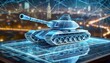 Futuristic holographic outline model of a tank. Cold tone wireframe of a military vehicle. Polygonal model. Modern city in the background