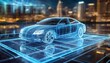 Futuristic holographic outline model of a sedan. Cold tone wireframe of a car. Polygonal model. Modern city in the background