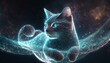 Futuristic cyber cat hologram background.. Cold blue tone.  Animal floating in space.