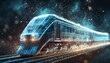 Futuristic holographic outline model of a train. Cold tone wireframe of a wagon. Polygonal model. Modern city in the background
