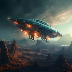 Wall Mural - A futuristic spaceship exploring an alien planet. 