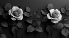  A Black And White Photo Of Three White Roses On A Black Background With Leaves And Stems In The Foreground.