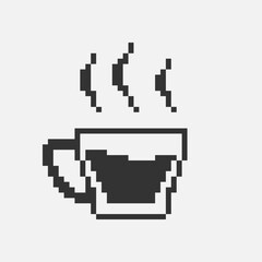 Wall Mural - black and white simple flat 1bit vector pixel art icon of glass cup with hot drink