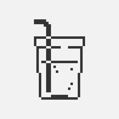 Wall Mural - black and white simple flat 1bit vector pixel art icon of glass of cool drink with straw