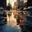 Abstract composition of city reflections in rain puddles