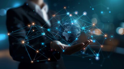 Blockchain technology and network concept. Businessman holding text blockchain in hand with icons network connection on blue security and digital connection