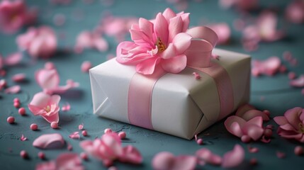 Wall Mural -  a pink flower sitting on top of a white present box on a blue surface with pink petals scattered around it.