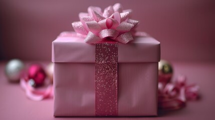 Wall Mural -  a pink gift box with a pink ribbon and a pink bow on a pink background with pink and silver ornaments.