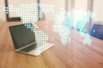 Wall Mural - multi exposure of abstract creative digital world map on modern laptop background, tourism and trave