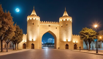  old city fortress gates landmark in downtown baku azerbaijan at night