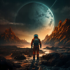 Wall Mural - Astronaut exploring an alien landscape. 