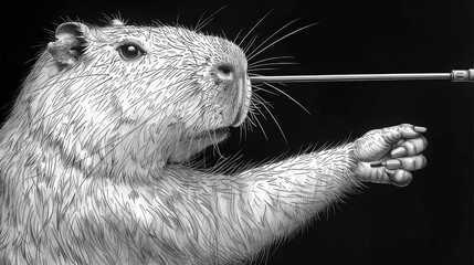 Wall Mural -  a black and white photo of a rodent holding onto a metal rod with its paw in it's mouth.